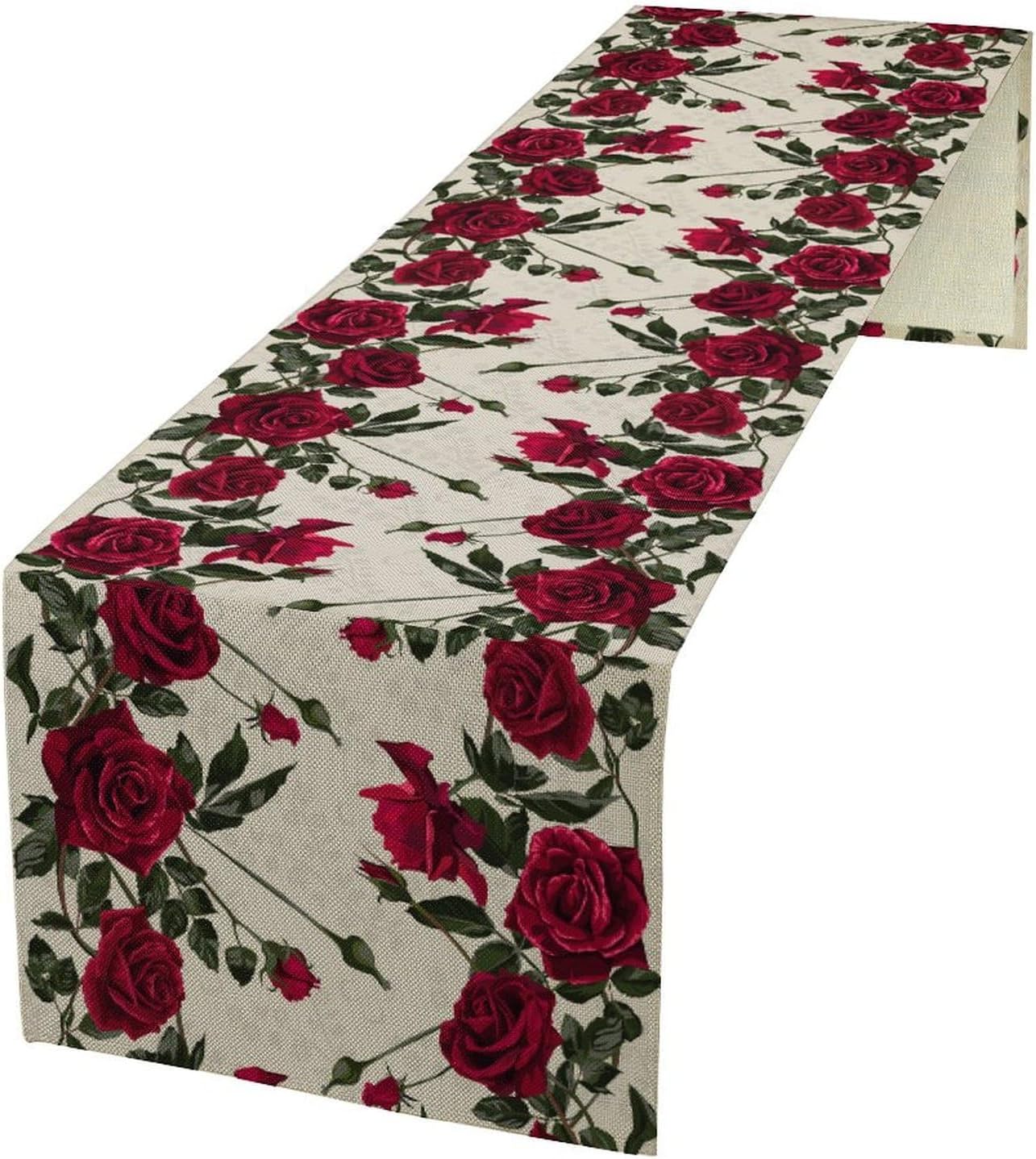 Rose Table Runner, Retro Red Rose Flowers Green Leaves Valentine's Day Kitchen Dinning Table Runner for Indoor Outdoor Home Wedding Party Holiday, 13x36 Inch