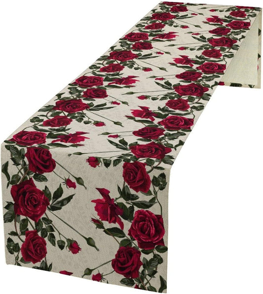 Rose Table Runner, Retro Red Rose Flowers Green Leaves Valentine's Day Kitchen Dinning Table Runner for Indoor Outdoor Home Wedding Party Holiday, 13x36 Inch