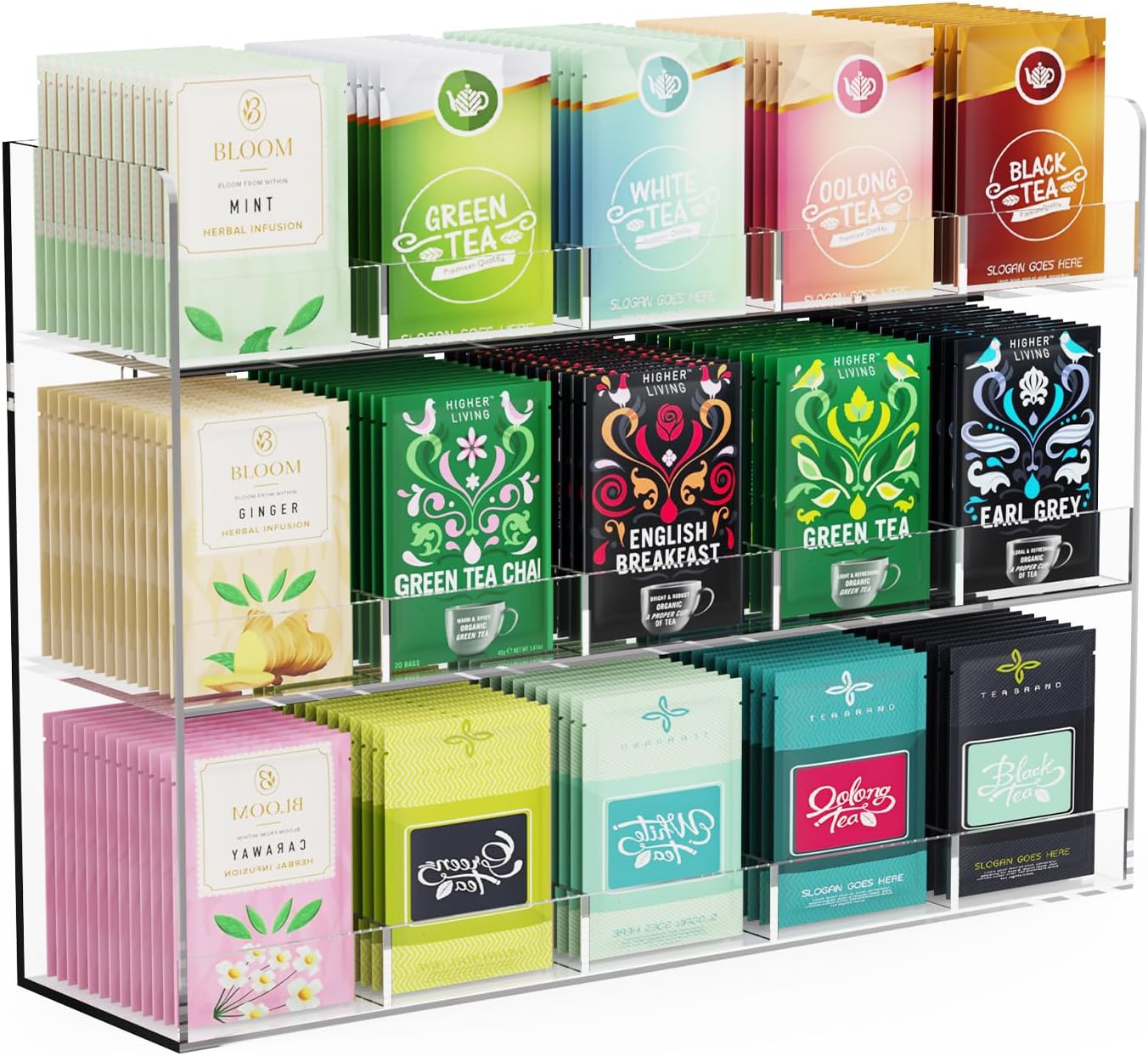 Acrylic Tea Bag Organizer, 3 Layers Tea Bag Holder for Tea Packets, No Assembly Required, Wall Mount Display Tea Caddy for Countertop or Cabinet, 15 Slots
