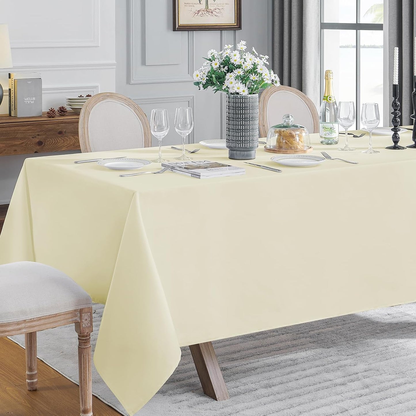 VidaFete Tablecloth 90 * 156inch Rectangle Table Cloth Polyester, Stain Wrinkle Resistant Polyester Dining Table Cover for Kitchen Dinning Party Wedding Rectangular Tabletop Buffet Decoration(Ivory)