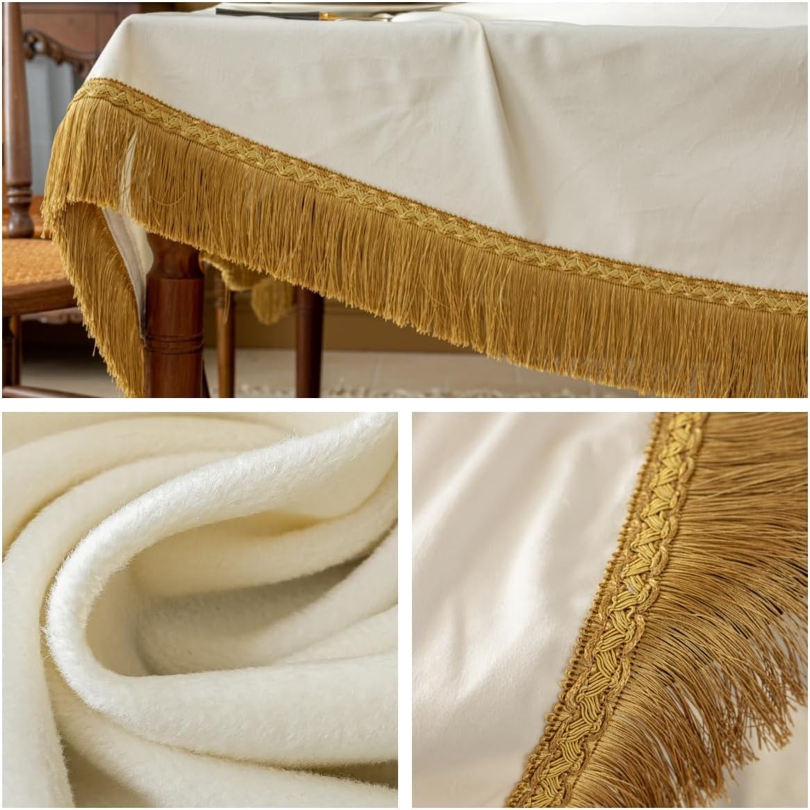 F-CHU Luxury White Tablecloth Thickset Velvet Tablecloth with Beautiful Gold Tassels Vintage Table Cloth for Home Decor Wedding, Party, Banquet and Events 60x70-Inch