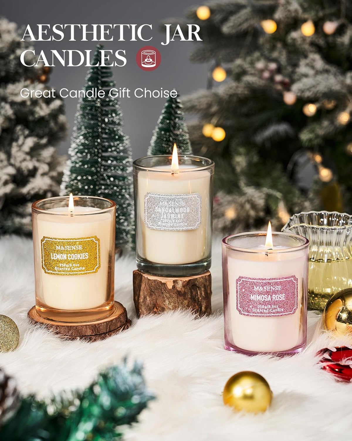 M&SENSE Rose Scented Candles, Classic Size 8.8 oz Glitter Jar Candles, Holiday Candles Gifts for Women, Strong Scented Natural Soy Candle for Winter Home Decor, 50 Hours Long Burning Candles