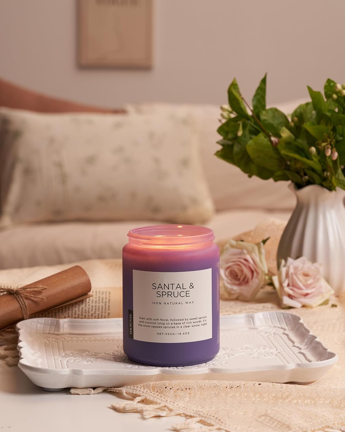 M&SENSE Santal Spruce Coconut Soy Candles for Home Scented, 19.4oz 110 Hour Slow Burning Large Candle Gift for Stress Relief, Meditation, Relaxing SPA, Best Smelling Christmas Gifts