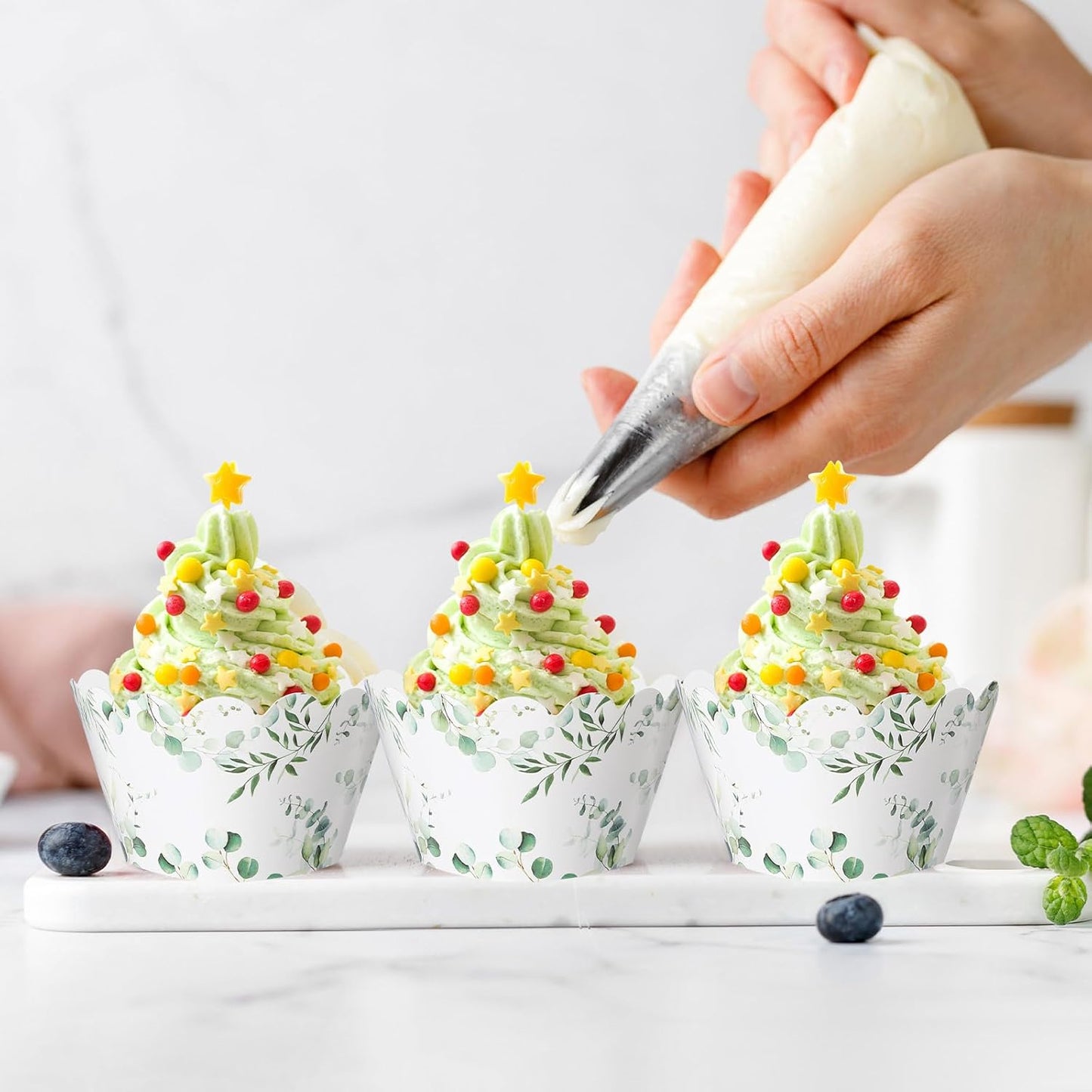 Domensi 100 Pcs Eucalyptus Cupcake Wrappers Rustic Cupcake Liners Green Tulip Baking Cups Baking Liners for Wedding Bridal Baby Shower Birthday Party Supplies Dessert Decoration