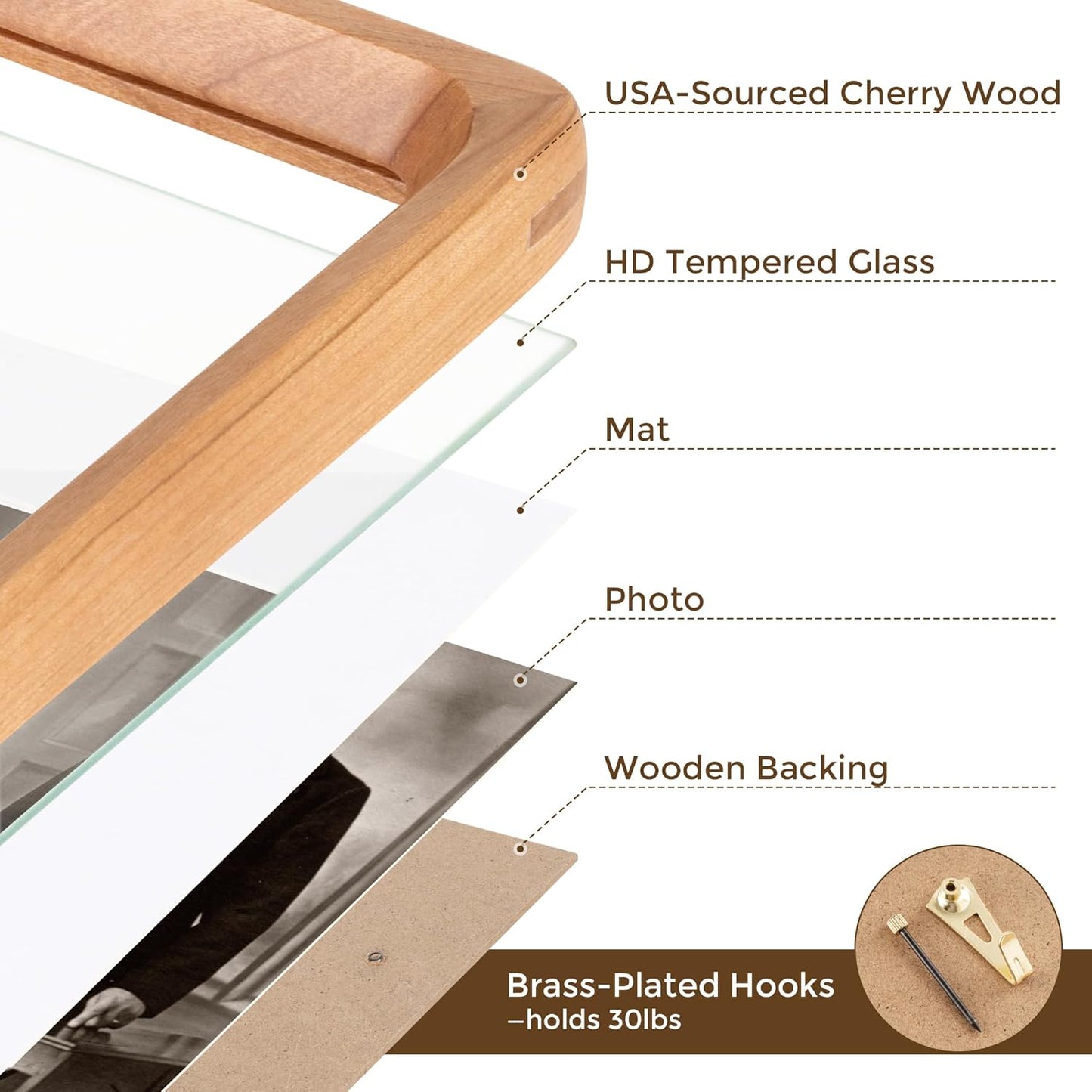 9x12 Picture Frame USA-Sourced Natural Cherry Wood Solid Original Wood Photo Frame Rounded Corner with Mat to 6x8 Picture Display with Real Glass Family Picture, Wedding Picture, Photo, Certificate