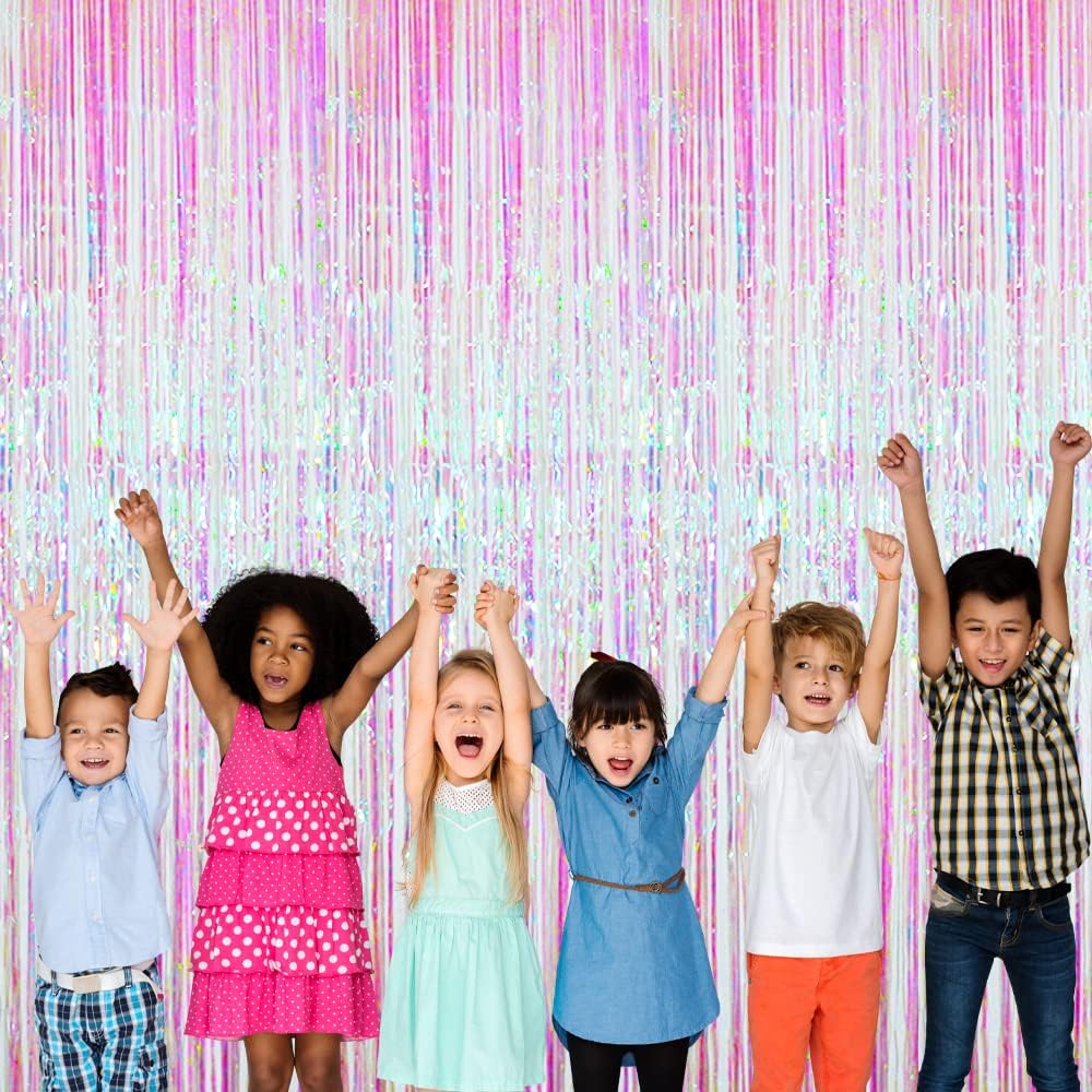 GOER 3.2 ft x 9.8 ft Metallic Tinsel Foil Fringe Curtains Party Photo Backdrop Party Streamers for Birthday,Graduation,New Year Eve Decorations Wedding Decor (4 Packs,Iridescent)