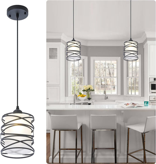 Modern Mini Pendant Light Fixture Kitchen Island Pendant Lighting 6.30''Matte Black Spiral Cage and Handblown Frosted Haze Glass Shade Hanging Lamp Adjustable Cord for Dining Room 1 Pack