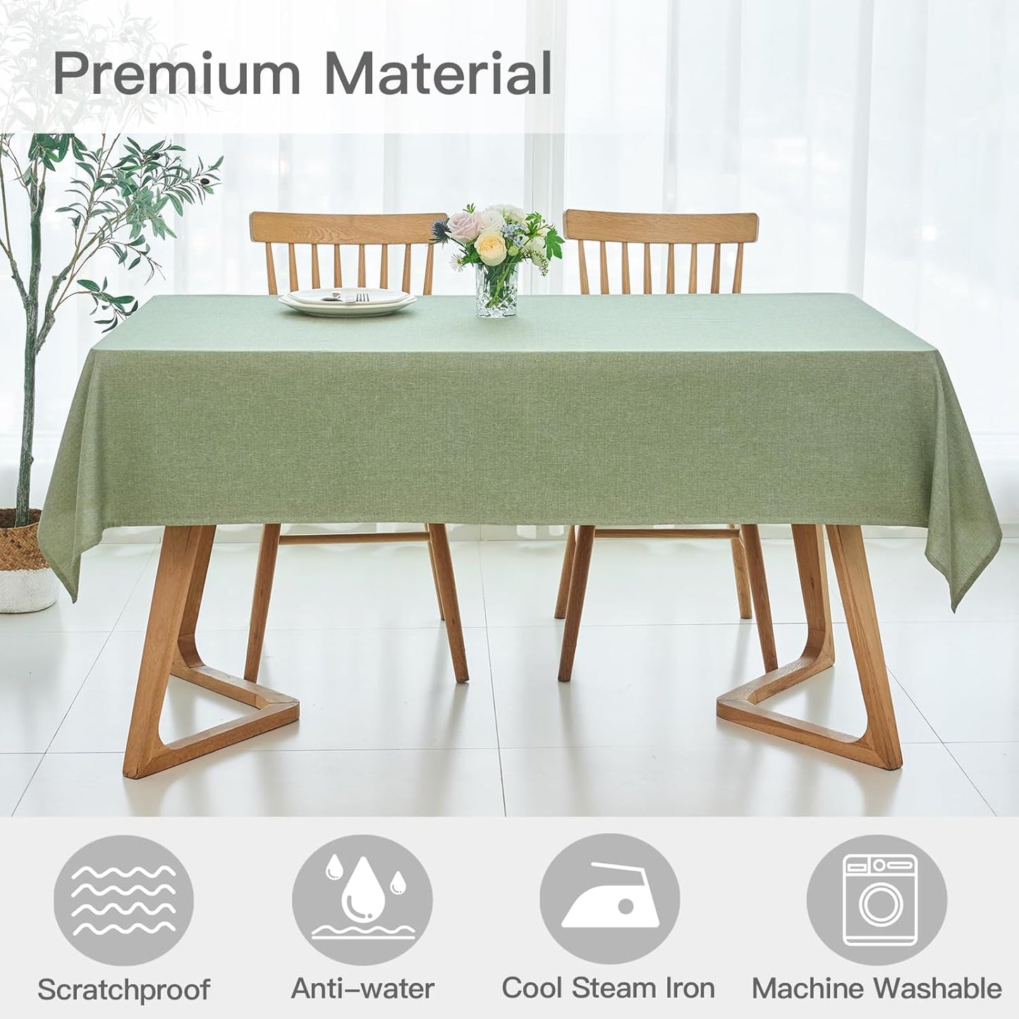 maxmill Linen Textured Rectangle Tablecloth Water Resistant Wrinkle Free Spill-Proof Stain Proof Table Cloth for Dining Room Decoration Banquet Party Wedding Holiday Dinner, 52 x 84 Inch Sage Green