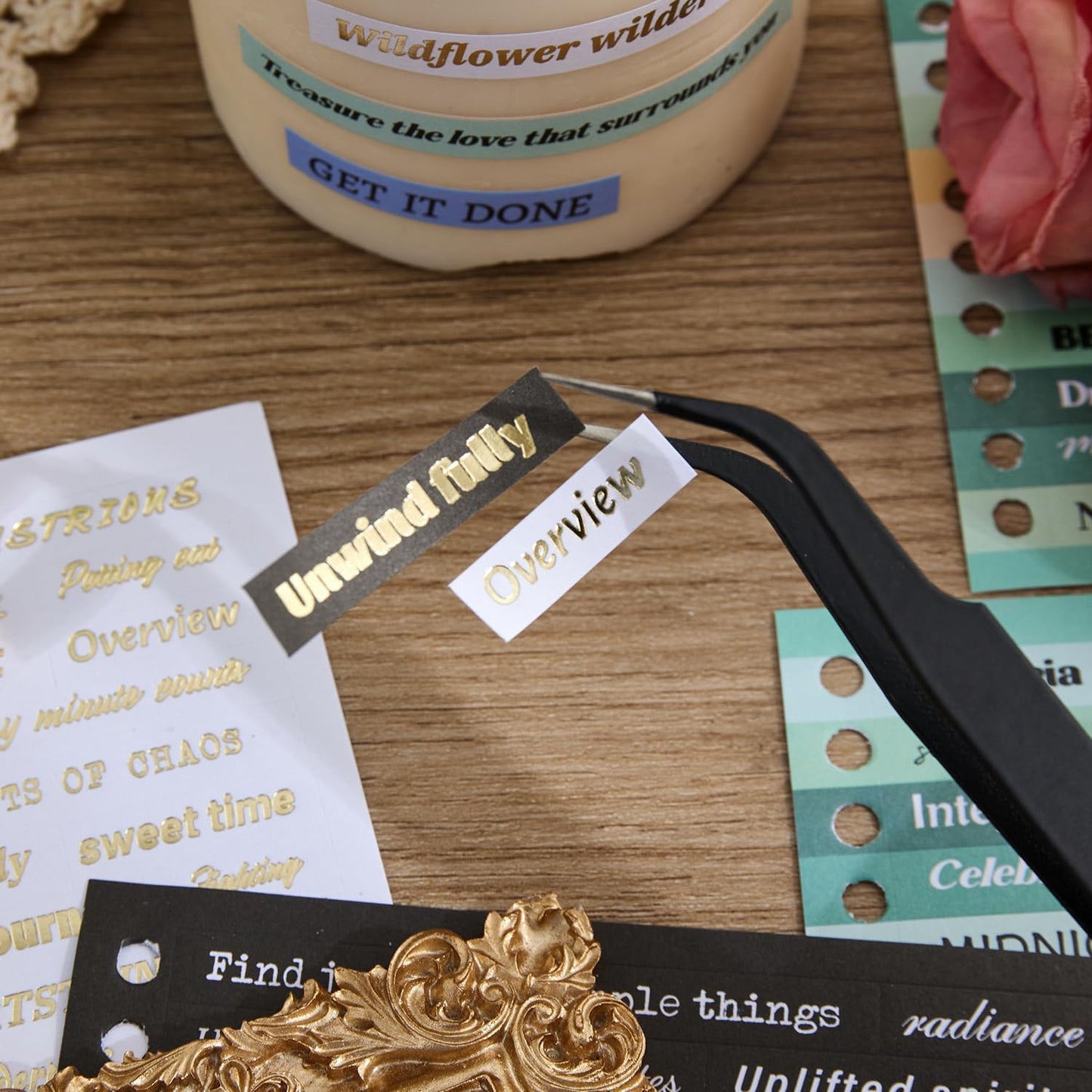 2500+ Pcs Word Stickers for Journaling, 50 Sheets Quote Sticker Gold Foil Art Scrapbook Supplies for Junk Journal, Scrapbooking Supplies for Bullet Journal Craft Small Talk Stickers for DIY Gift Card