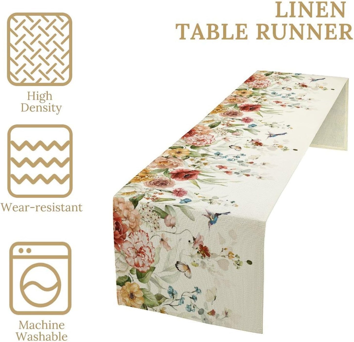 Rustic Floral Table Runner, Watercolor Flower Leaves Hummingbird Butterfly Farmhouse Kitchen Dinning Table Runner for Indoor Outdoor Home Wedding Party Holiday, 13x120 Inch