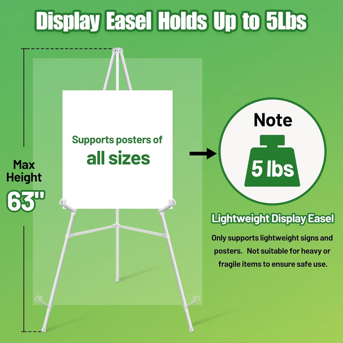2 Pack White Easel Stand for Sign - 63" Adjustable Folding Floor Easels for Wedding Sign, Welcome Sign, Poster, Picture, Painting - Lightweight Portable Display Easels with Bags, Holds 5 lbs