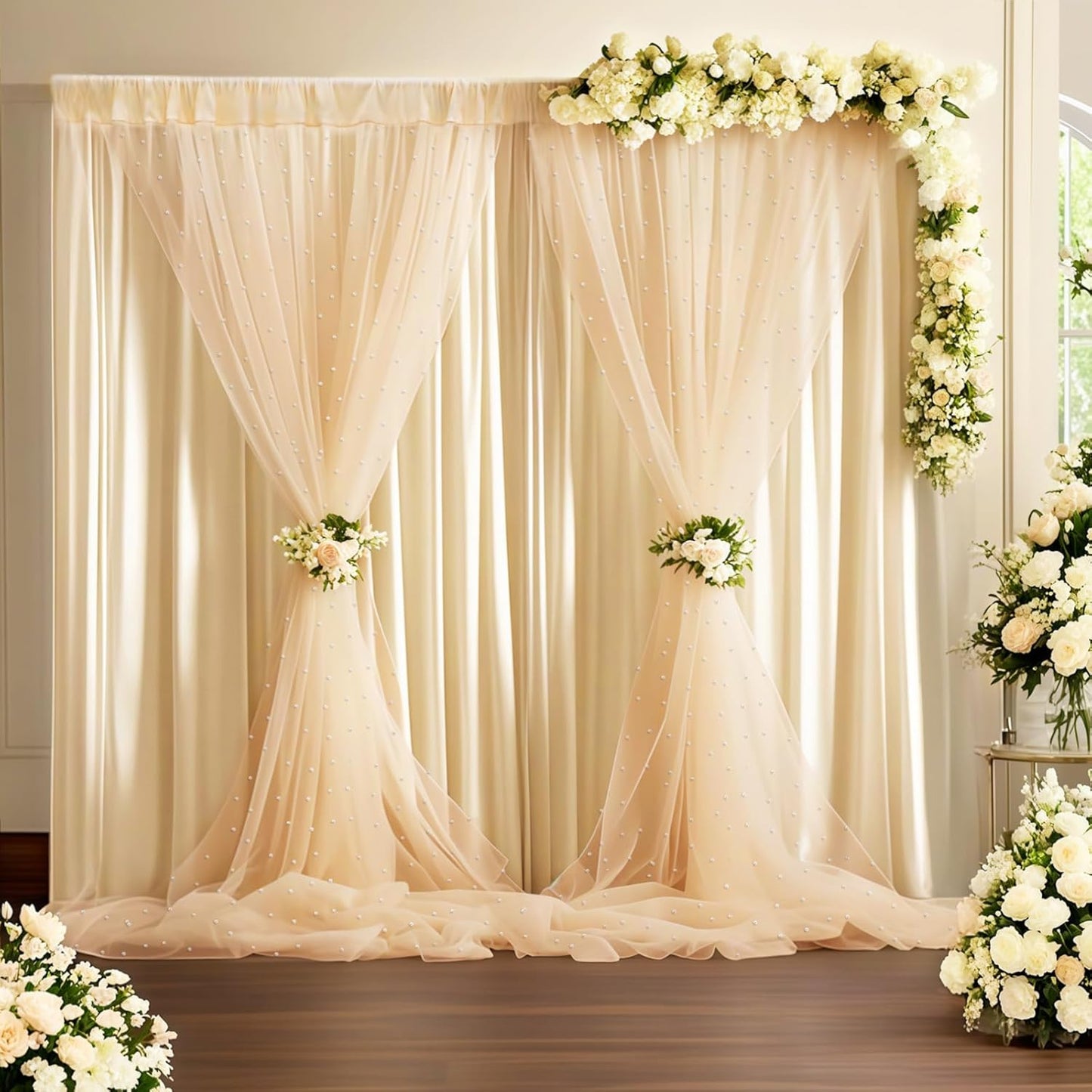 10 * 8FT Beige Pearl Tulle Double Layered Backdrop Curtain with Lights String and Lining Fabric for Wedding Baby Shower Birthday Parites Photo Decorations
