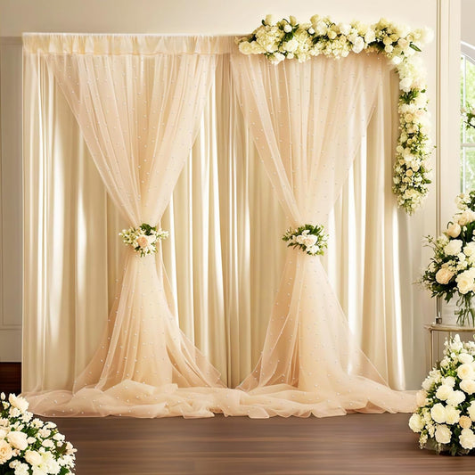 10 * 8FT Beige Pearl Tulle Double Layered Backdrop Curtain with Lights String and Lining Fabric for Wedding Baby Shower Birthday Parites Photo Decorations