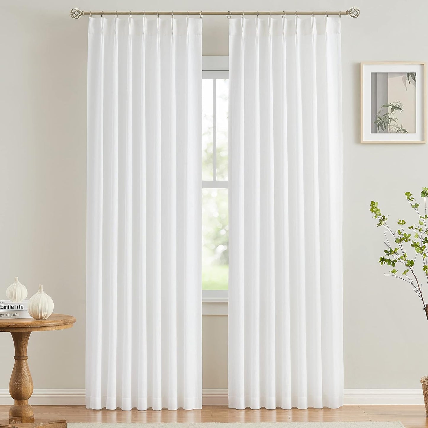 Vision Home White Pinch Pleated Semi Sheer Curtains Textured Light Filtering Window Curtains 108 inch for Living Room Bedroom Rayon Blended Pinch Pleat Drapes with Hooks 2 Panels 40" Wx108 L
