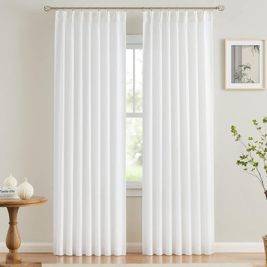 Vision Home White Pinch Pleated Semi Sheer Curtains Textured Light Filtering Window Curtains 108 inch for Living Room Bedroom Rayon Blended Pinch Pleat Drapes with Hooks 2 Panels 40" Wx108 L