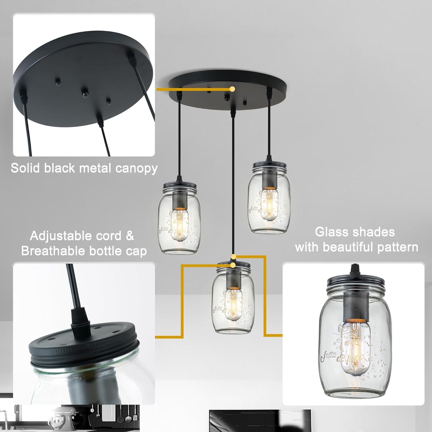 Kitchen Island Light, Adjustable Pendant Lighting,Glass Mason Jar Hanging Lamp (3-Light)