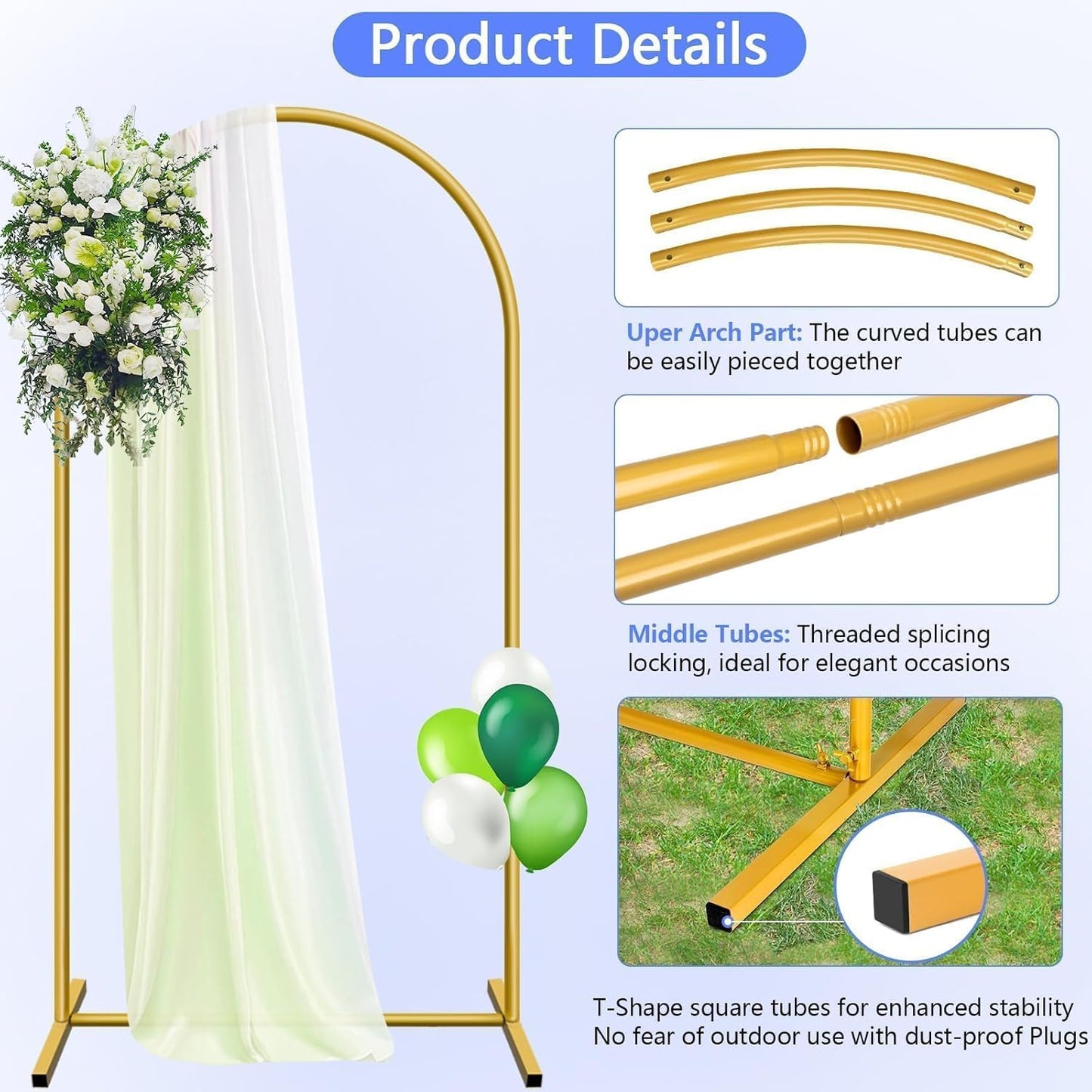 6.6 ft Arch Backdrop Stand, Metal Wedding Arch Stands for Party, Birthday, Wedding, Bridal Shower, Baby Shower Gold