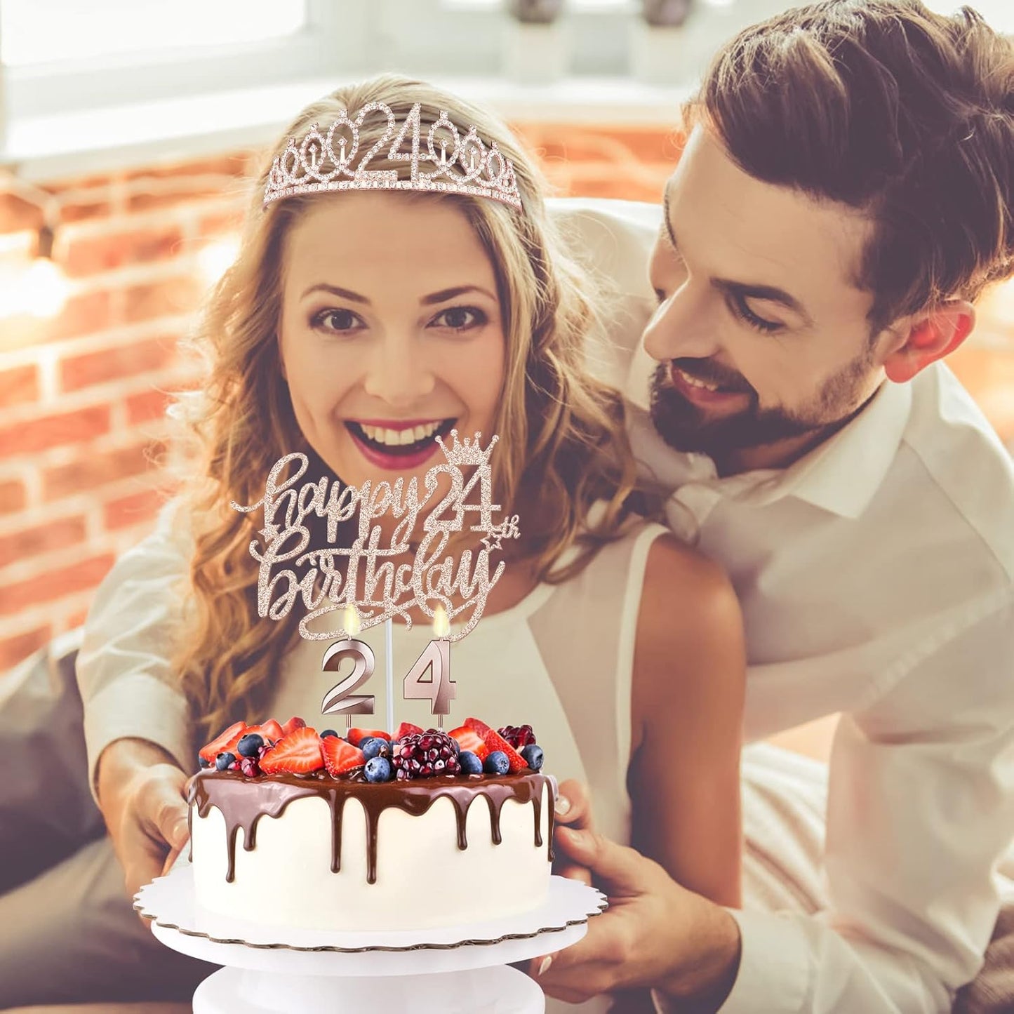 24th Birthday Decorations for Women Including Birthday Sash, Tiara/Crown, Numeral Candles and Cake Topper, 24 Year Old Gifts for Women, Rose Gold Party Decor Supplies