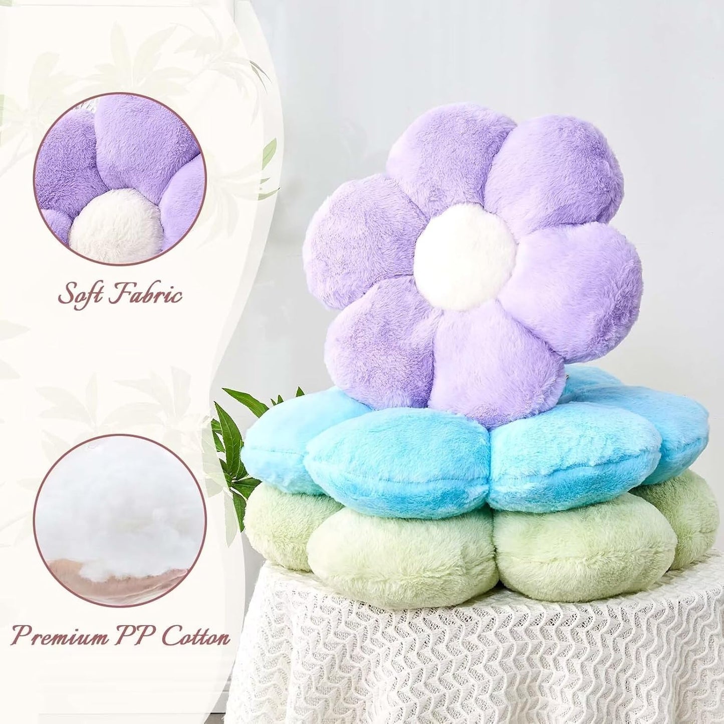 Blue Flower Pillow, Cute Decorative Shaped Throw Pillow With Faux Rabbit Fur, 19.6" Soft Plush Floor Pillows Room Decor for Bedroom Living Room