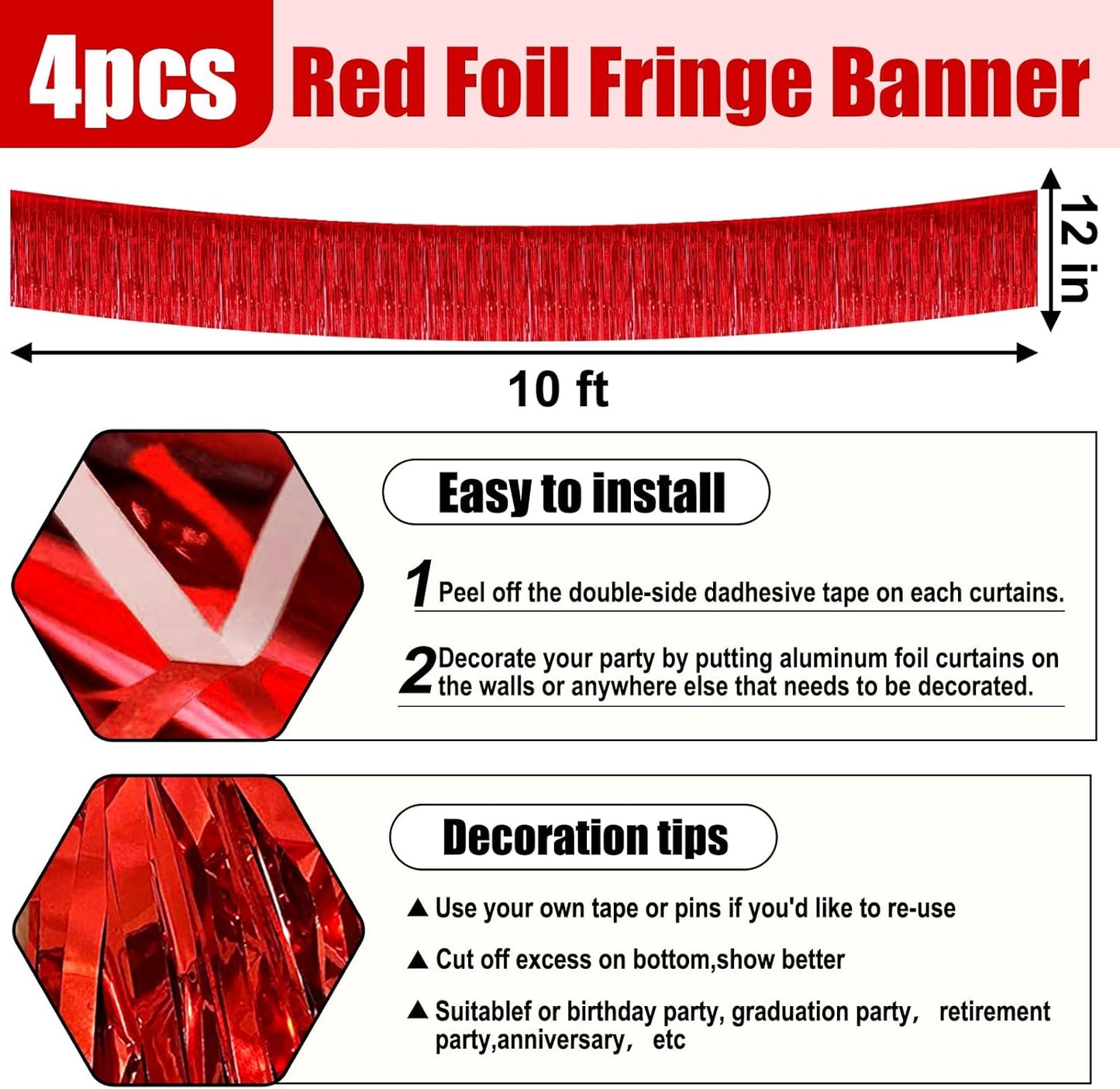 4 Pack 10 Feet Red Foil Fringe Garland Metallic Tinsel Streamers Banner Wall Hanging Curtain Backdrop for Parade Floats, Wedding, Graduate, Mother's Day, Birthday Party Decoration