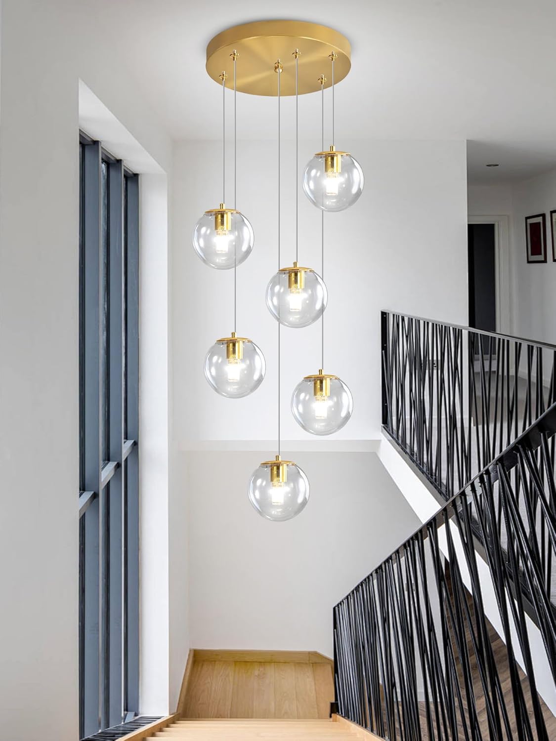H 87in Modern Glass Globe Chandelier 6-Lights Pendant Light for Staircase Mid Century Globe Chandelier Clear Glass Hanging Lighting for Living Room Bedroom Entryway