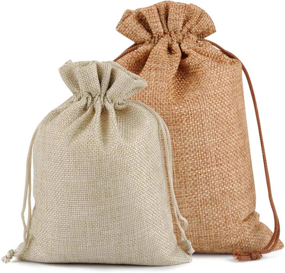 Lucky Monet 25/50/100PCS Burlap Gift Bags Wedding Hessian Jute Bags Linen Jewelry Pouches with Drawstring for Birthday, Party, Wedding Favors, Present, Art and DIY Craft (50Pcs, Cream, 5” x 7”)