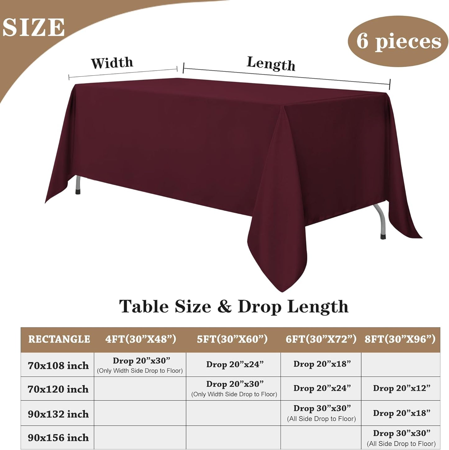 Fitable Elegant Rectangle Table Clothes, 6 Pack - 90 x 132 Inch, Burgundy - Reusable and Washable Tablecloths, Polyester Fabric Table Covers for Wedding, Party, Banquet, Formal Events