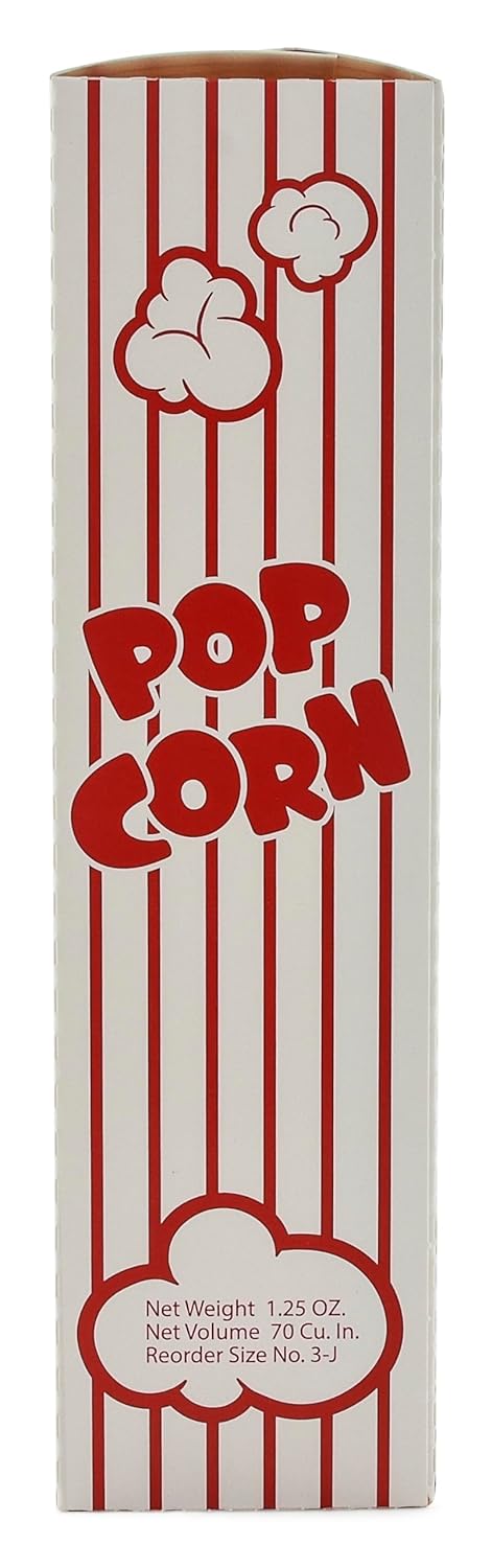 Snappy 3J Red & White Striped Close Top Popcorn Boxes for Movie Night Supplies, Popcorn Boxes Bulk 500 Count, Movie Night Popcorn Boxes 1.25 oz. Capacity, 4.625" x 2" x 7.5" Popcorn Containers