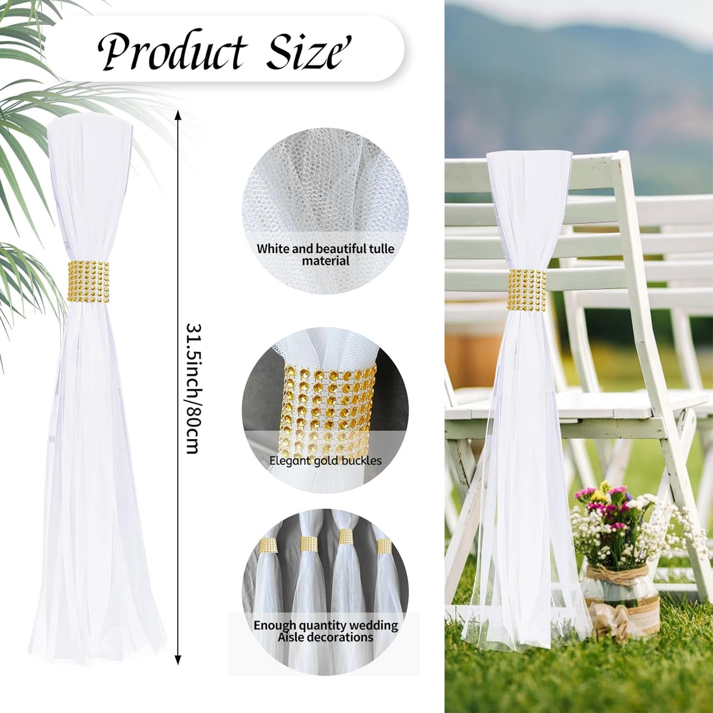Large White Pew Bows Tulle Wedding Aisle Chair Decorations, Extended Church Pew Decor Aisle Flowers Runner for Weddings Ceremony Outside Decorations (26, Gold Wrap)