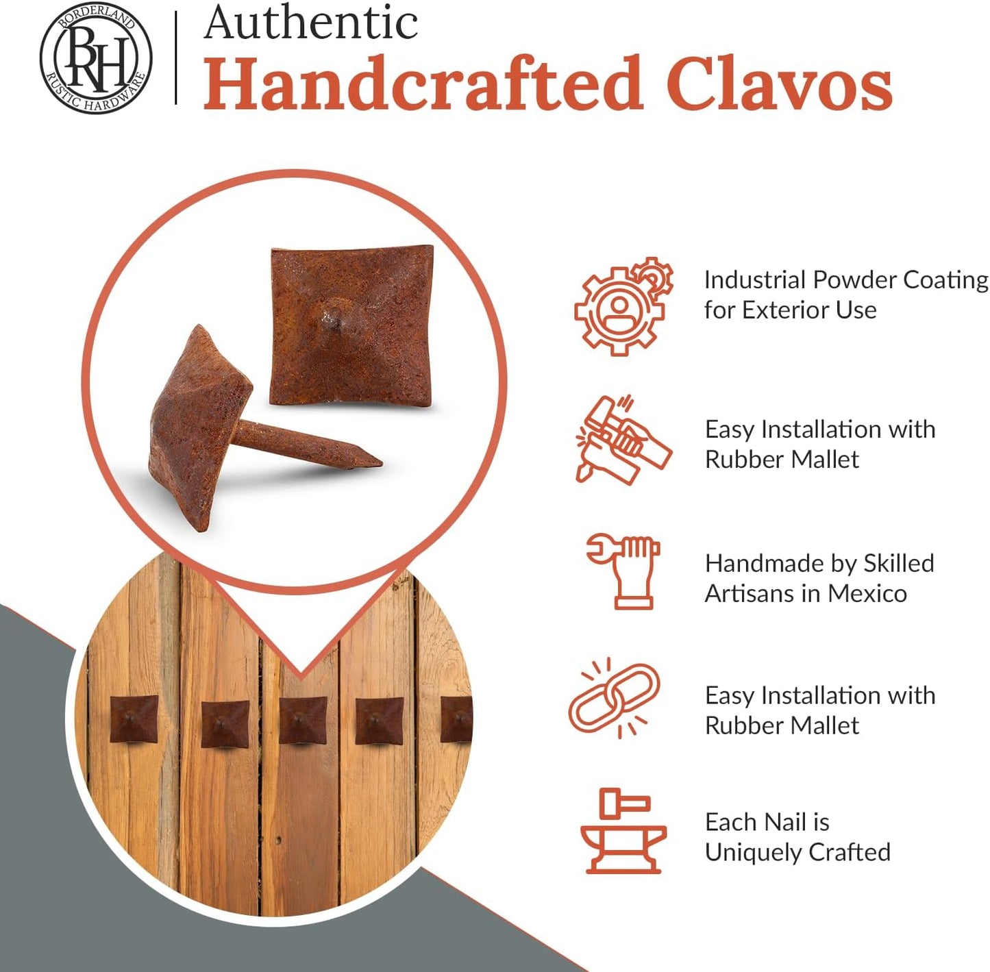 50 Pack 0.75" Square Head Iron Clavos Decorative Nails – Rusted – Handmade Rustic Square Fasteners for Farmhouse Shutters, Faux Wood Beams, Barn Doors, Shutters, and Gates – Ornamental Wood Accent