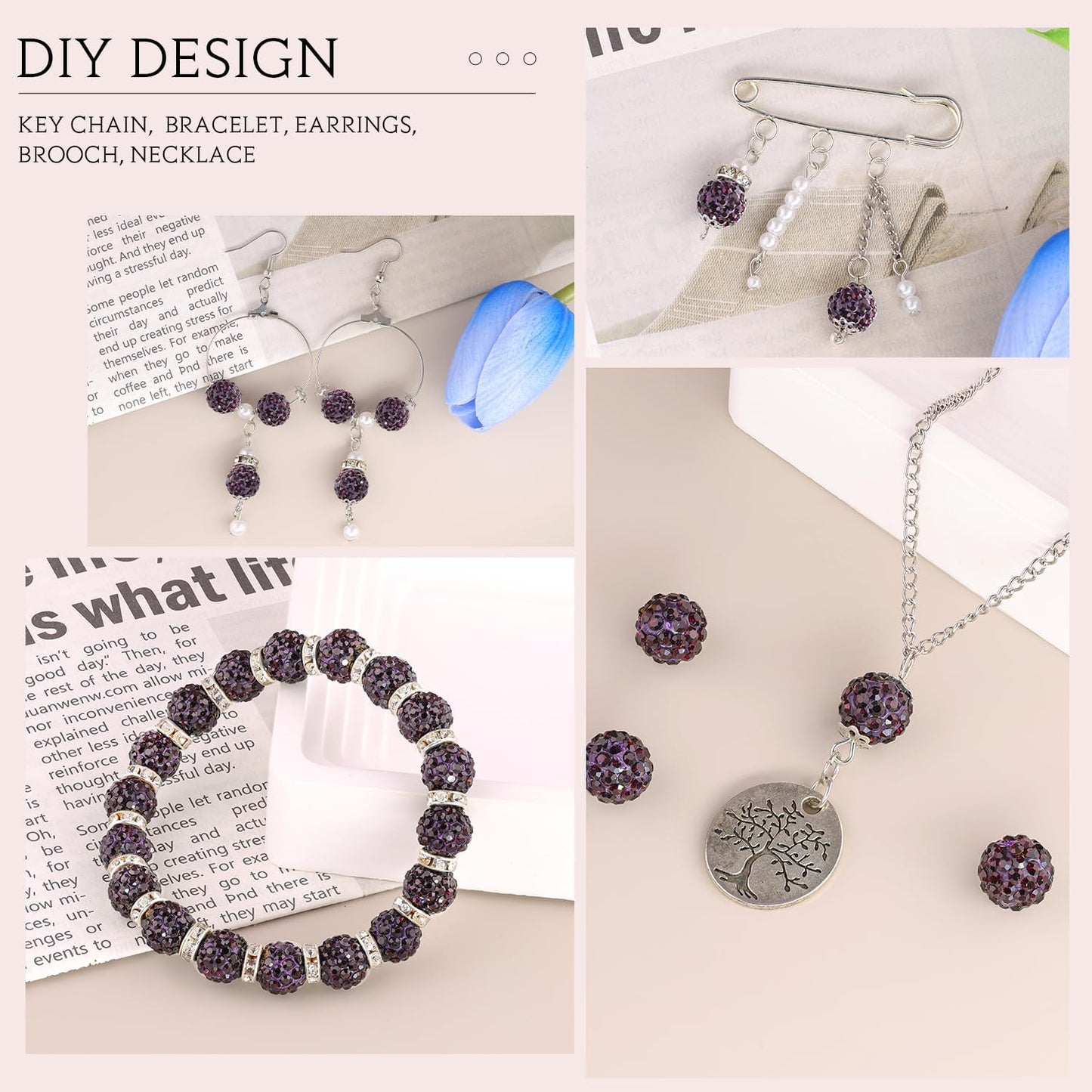 150pcs 10mm Rhinestone Beads for Jewelry Making, Dark Purple Shiny Round Shamballa Disco Beads Bulk, Sparkle Crystal Clay Christmas for Bracelet Baseball Necklace Earring Crafting and DIY