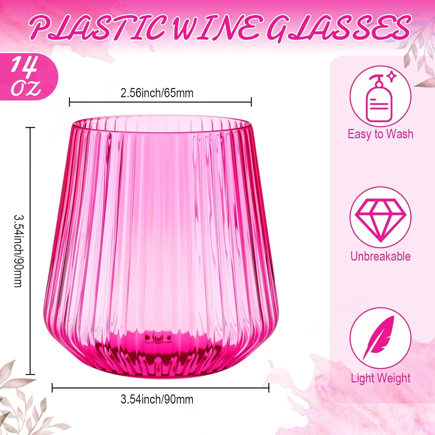 Suclain 50 Pcs Plastic Wine Glasses Ribbed Stemless Wine Glasses 14oz Vertical Design Unbreakable Cups for Outdoor Indoor Vintage Elegant Champagne Whiskey Cups for Party Wedding (Hot Pink)