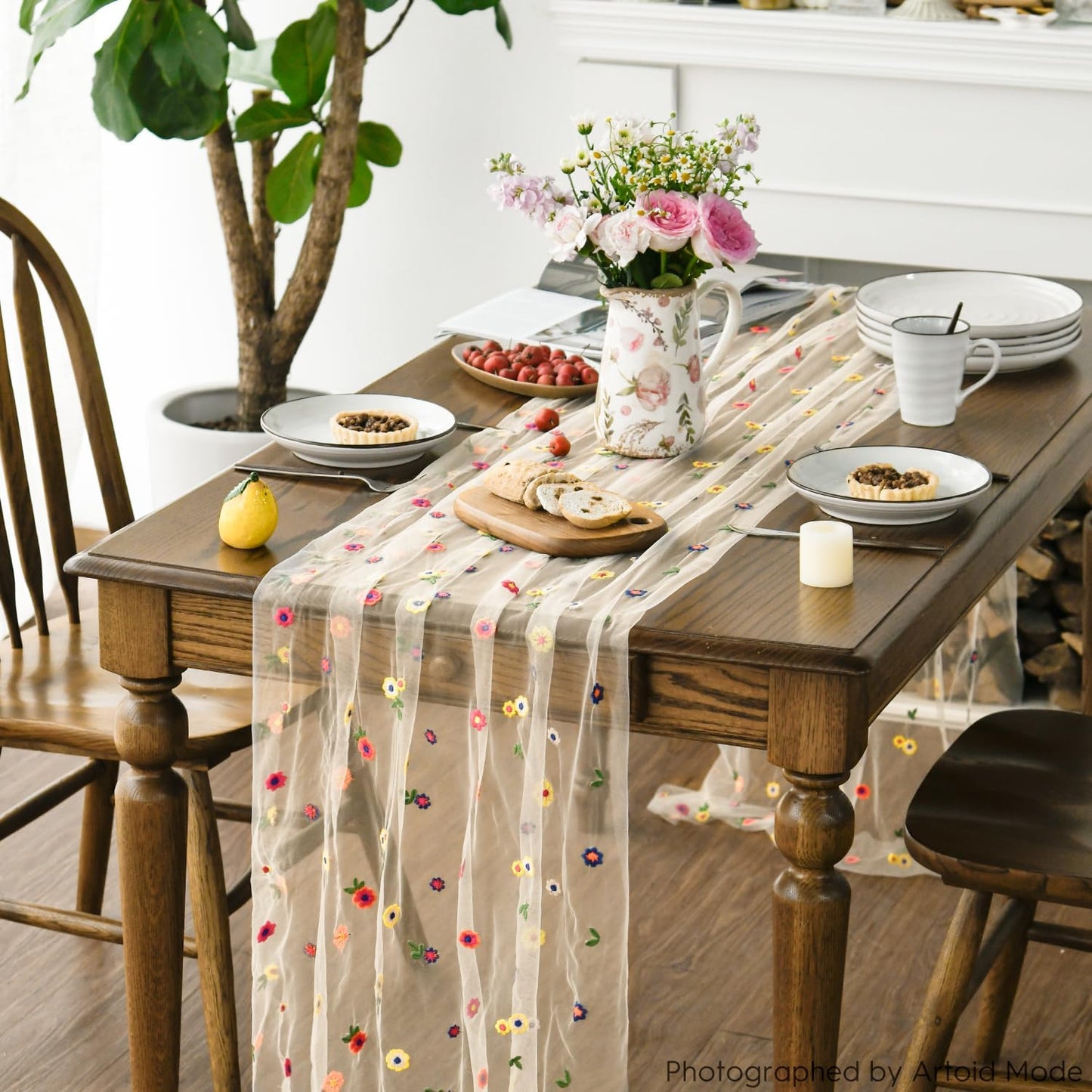 Artoid Mode Champagne Embroidery Daisy Gauze Table Runner 120 Inch 10FT, Seasonal Sheer Kitchen Dining Holiday Wedding Birthday Table Decor for Home Party