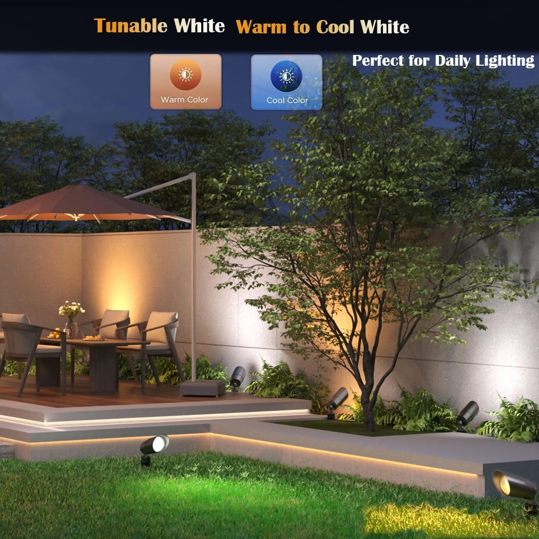 Low Voltage Landscape Lighting with 4 Spot Lights, RGB Color Changing from Warm to Cool White 5000K 12V Outdoor Landscape Lights,Waterproof Black LED Spotlights for Outdoor Garden Pathway,4 Pack