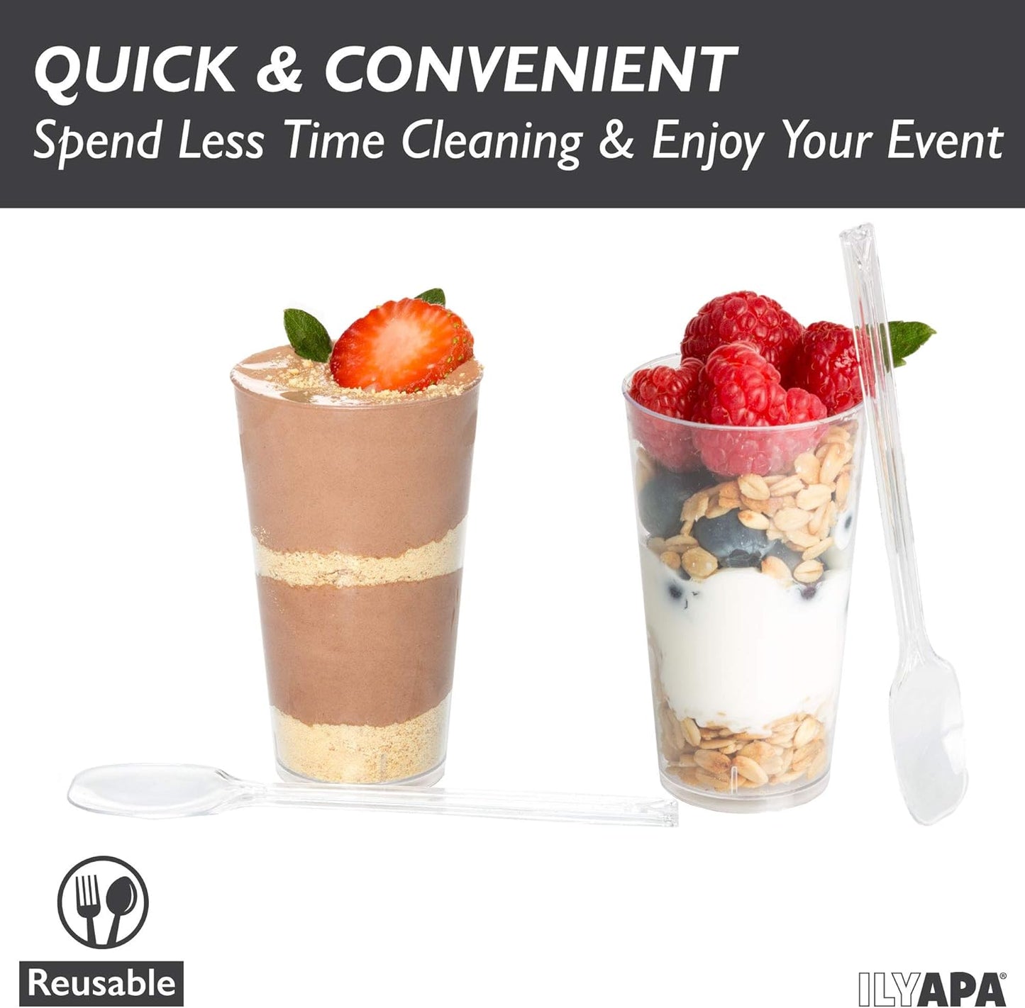 Ilyapa 3oz Plastic Dessert Cups - 100 Pack Mini Dessert Cups with Spoons - Clear Reusable Small Appetizer Cup for Cheesecake Shooters, Chocolate Mousse, Parfait - Party and Catering Supplies - Round