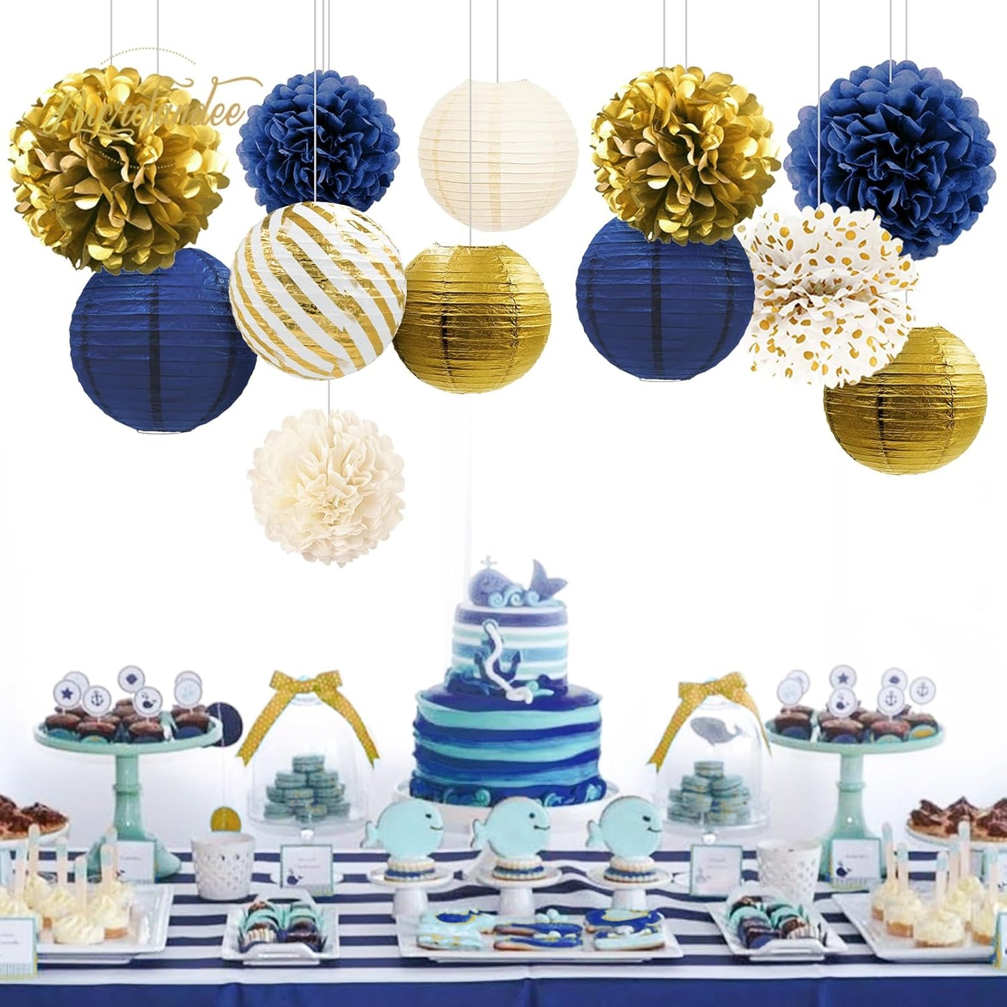 NICROLANDEE Navy Blue and Gold Decorations, 12PCS Hanging Paper Lanterns Tissue Pom Poms Decor for Graduation Party, Winter Wedding, Mens Birthday, Memorial Day Decorations, New Years Party Supplies