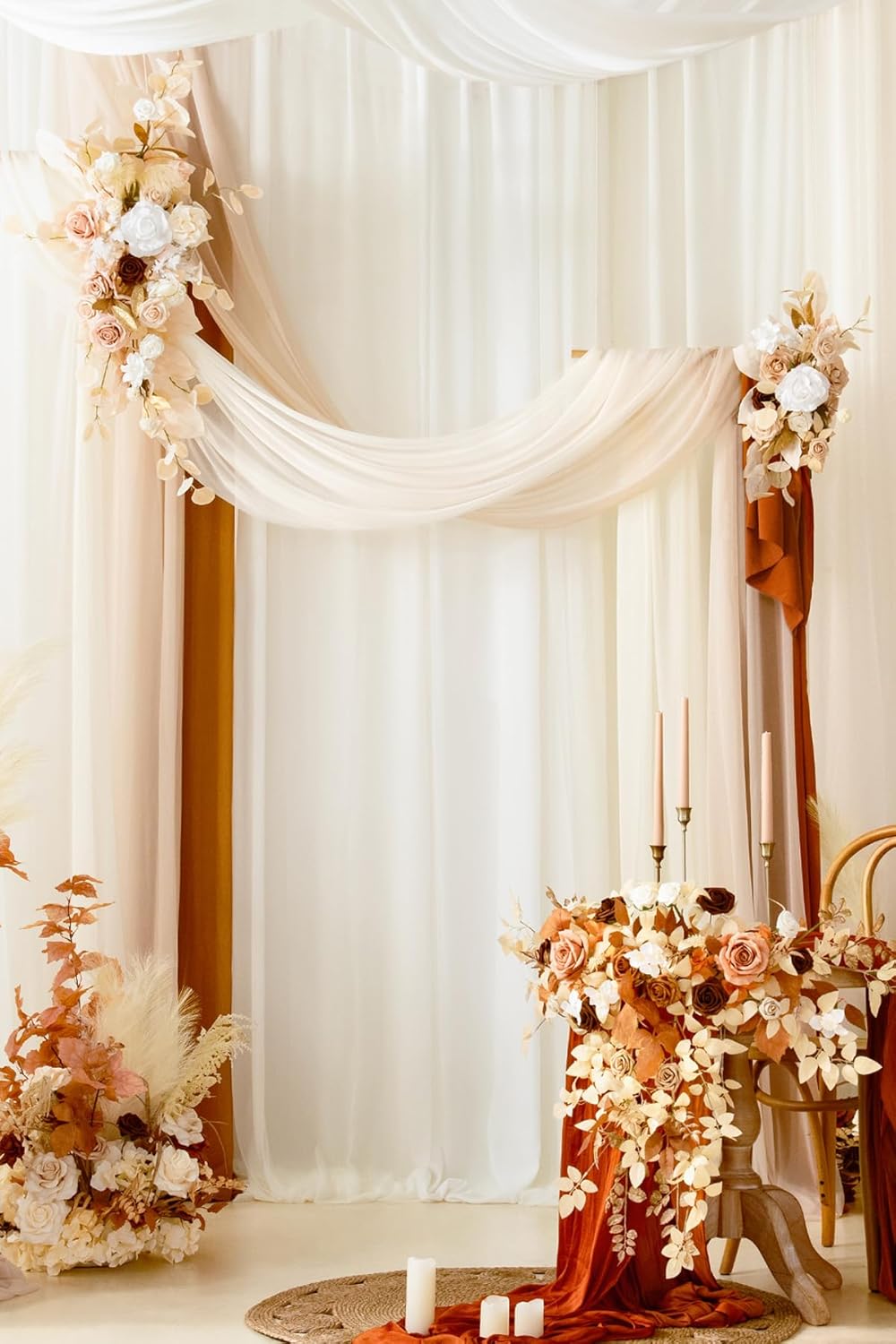 Ling's moment Spring Wedding Arch Flowers Kit Pack of 4, 2pcs Hanging Flower Arrangement 2pcs Chiffon Drapes Ceremony Fake Rose Arbor Backdrop Artificial Floral Outdoor Decorations, White Beige