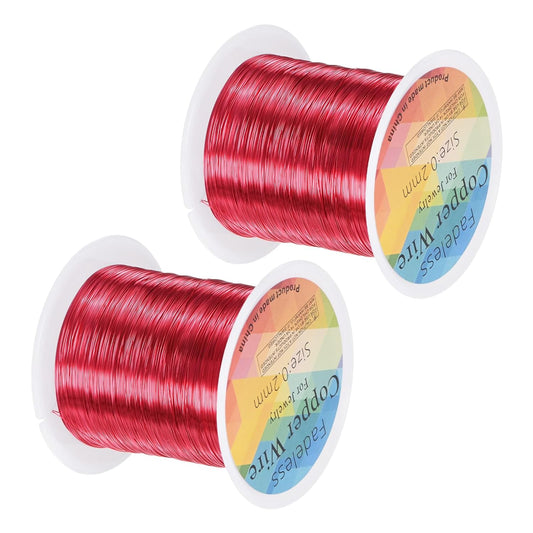 2-Rolls 0.2mm Jewelry Wire, 32 Gauge 328FT Craft Wire Copper Beading Wire for Jewelry Making/Planting/Weaving/DIY Crafting, Soft Metal Wires [100M, Red]