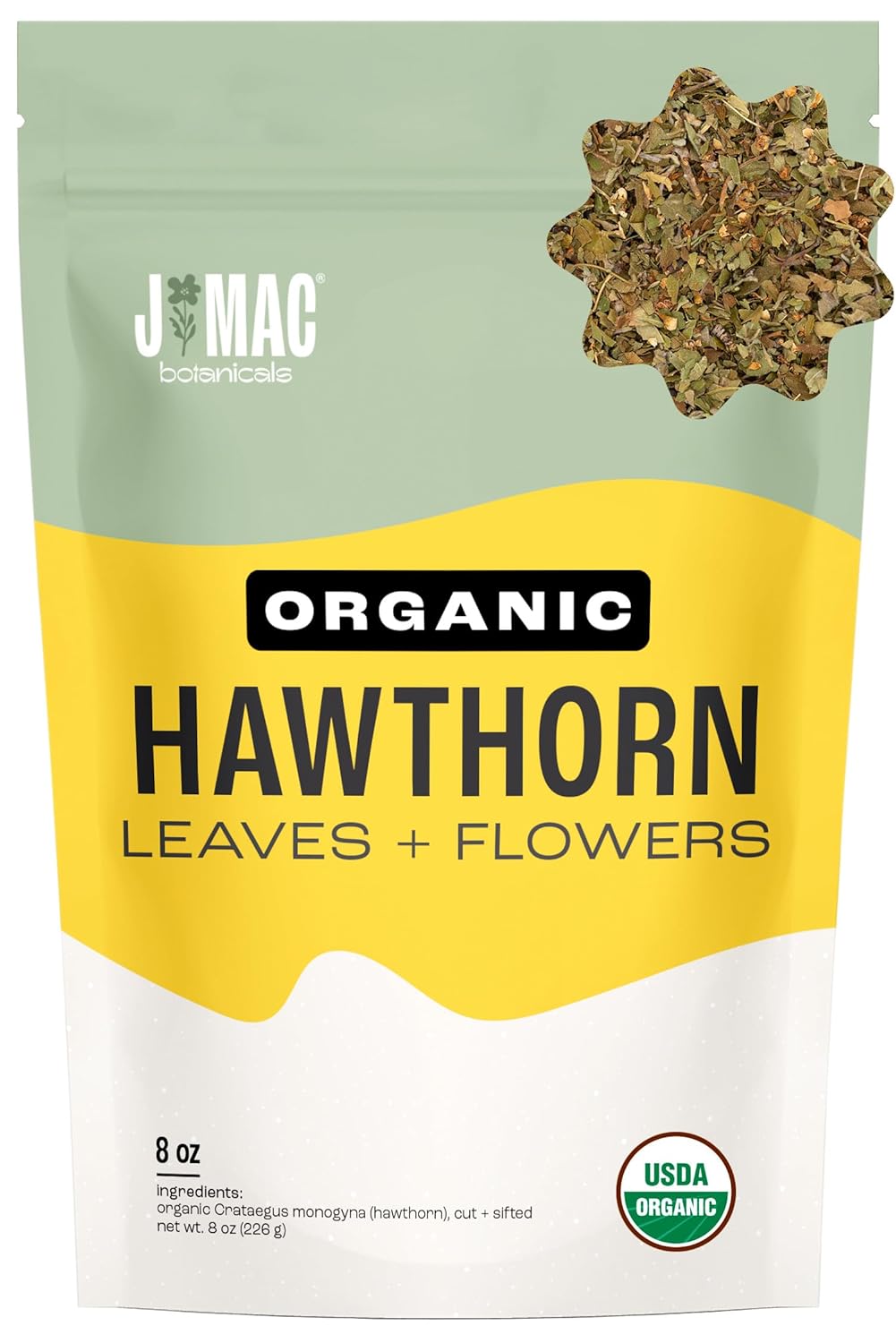 J MAC BOTANICALS Organic Hawthorn Leaves and Flower (8 oz) Dried Hawthorne leaf tea
