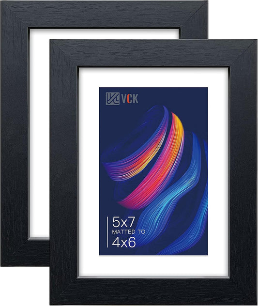 VCK 5x7 Picture Frame Set of 2 - Black, Textured Exclusive Wooden Photo Frames with HD Glass | Matted to 4x6 or 5x7 without Mat | Table Display or Wall Hanging
