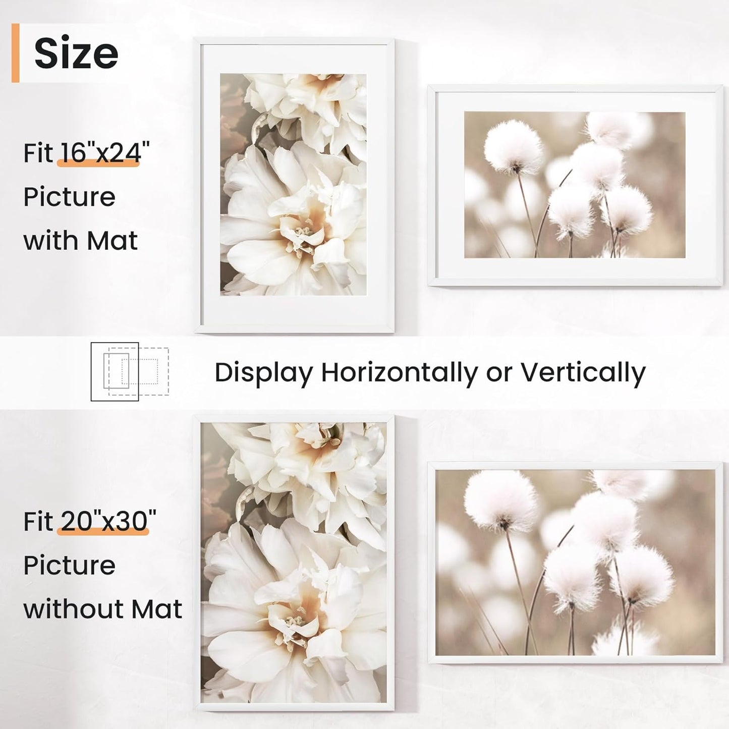 20x30 inch Picture Frame, 20x30 Photo Frames with 16x24 Removable Mat - High Definition Plexiglass - Vertical and Horizontal Display - Wall Hanging Poster Frame - White, 3 Pack