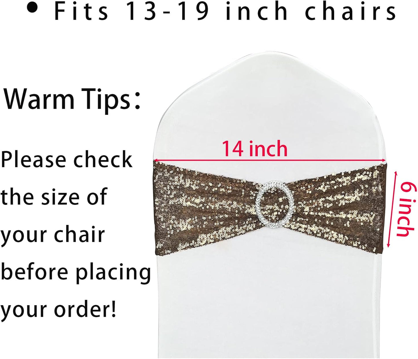 100 Pcs Chair Sashes Sequin Stretch Chair Bands Spandex Polyester Bows for Party Hotel Wedding Banquets Decoration - Coffee