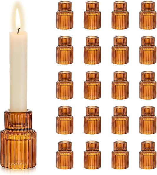 Hewory Glass Taper Candle Holders: 20 PCS Amber Elegant Candle Holder Candlestick Holders Bulk, Ribbed Glass Candle Holder Candle Sticks Holder Decor for Table Centerpiece Fall Thanksgiving Home Decor