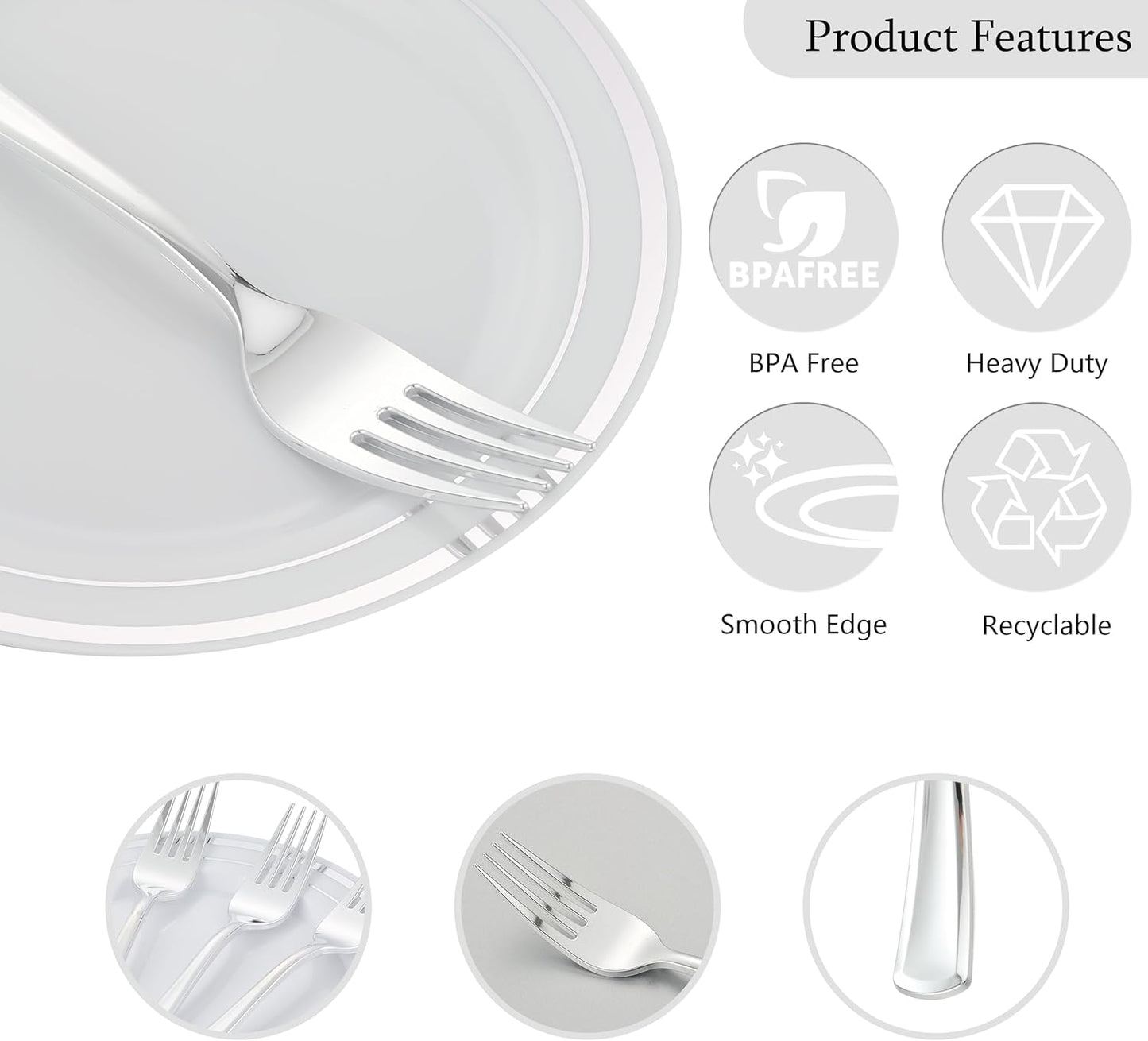 200pcs Silver Dessert Plates with Forks for 100 Guests-100pcs 7.5" Disposable Silver and White Small Plates with 100pcs 7.4" Forks-Cake/Appetizer/Salad Plate for Wedding,Birthday,Party