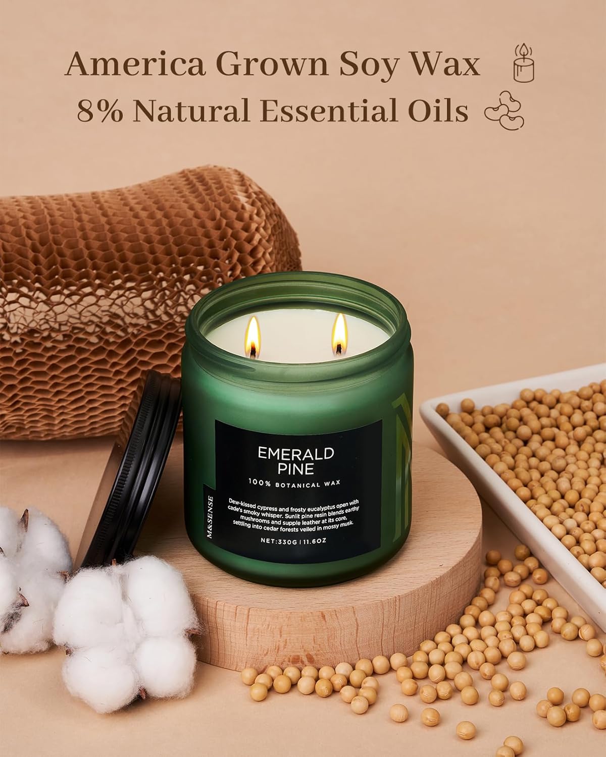 M&SENSE Pine Scented Candles Natural Soy Wax Clean Non Toxic 11.6oz 70 Hours Large Long Lasting Christmas Winter Scented 2 Wicks Candle Gift for Holiday & Family Friends Teachers