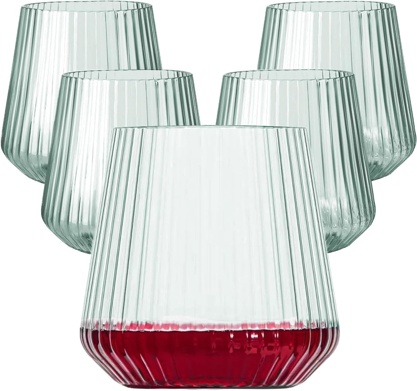 40 Pack Plastic Ribbed Wine Glasses, 14Oz Origami Disposable Wine Glasses Unbreakable Clear Plastic Cocktail Glasses Recyclable Shatterproof Reusable Wine Cups (14oz-green-40pack)