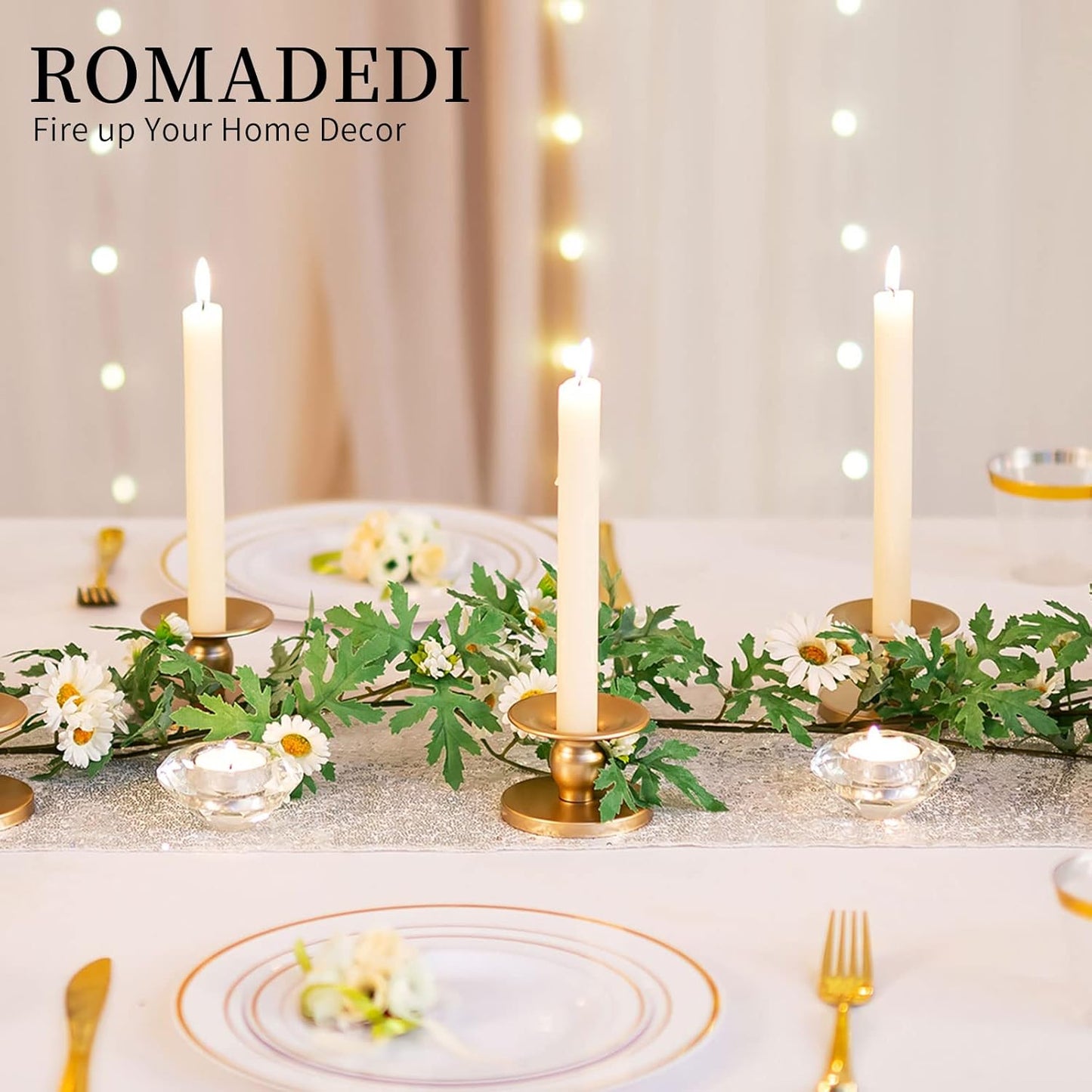 Candle Holders for Pillar Candles, Romadedi Gold Pillar & Taper Candle Holder, Small Metal Candle Stick Candle Holder for Wedding, Dining Room Table Centerpiece, Holiday Decor, 4 Pcs