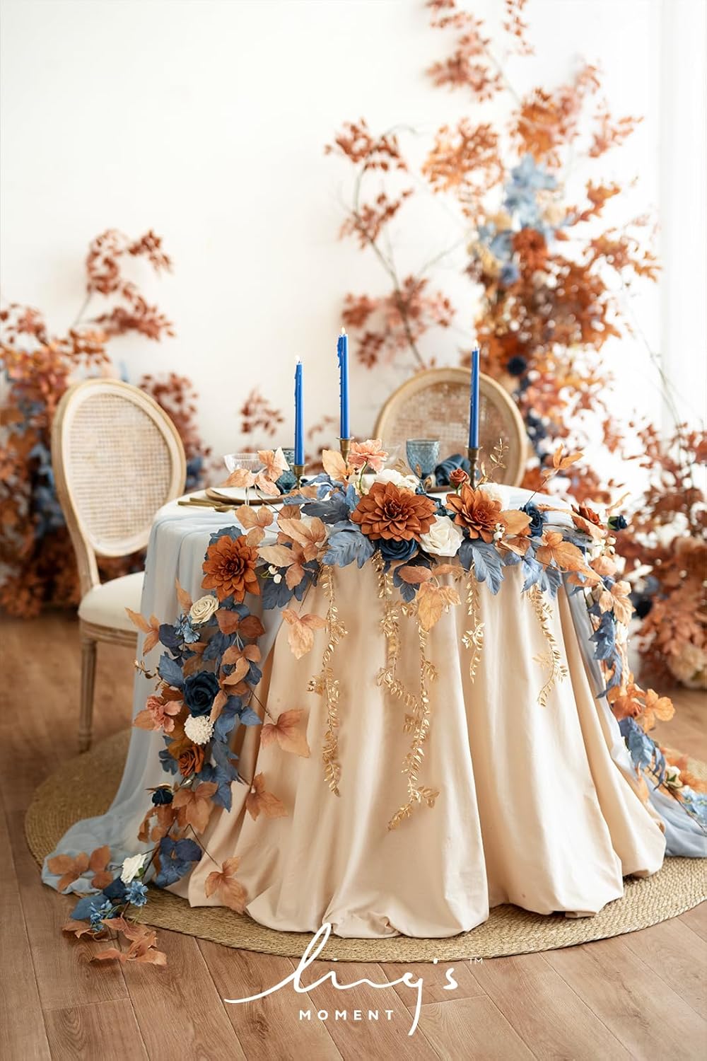 Ling's Moment 9FT Eucalyptus & Willow Leaf Garland with White Flower, Handcrafted Wedding Sweetheart Table Centerpieces Head Table Decor Arch Backdrop Decorations for Wedding | Burnt Orange & Denim