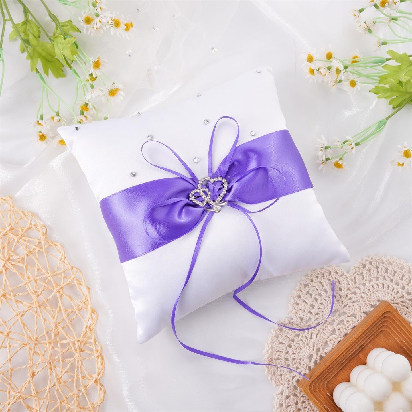 QIRMIZI Wedding Ring Pillow and Flower Girl Basket Set – Adorned with Pearl Rhinestones, White Satin,Purple