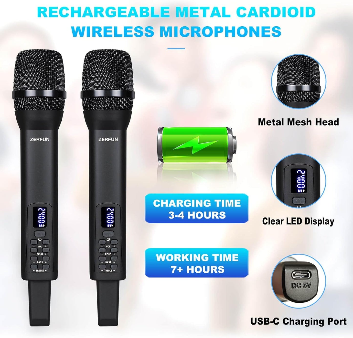 Rechargeable Wireless Microphones 4, Pro Handheld Cordless Mics System Dynamic with Echo Treble BASS VOL Control for Karaoke Singing Church Party, 1/4'' Output, D240, Black
